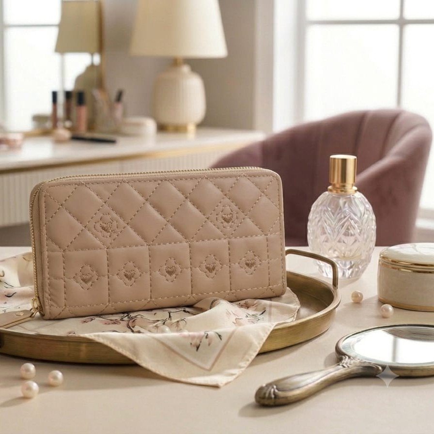 Luxury Beige Quilted Zip Around Wallet for Women - PU Leather Long Wallet with Multiple Card Slots